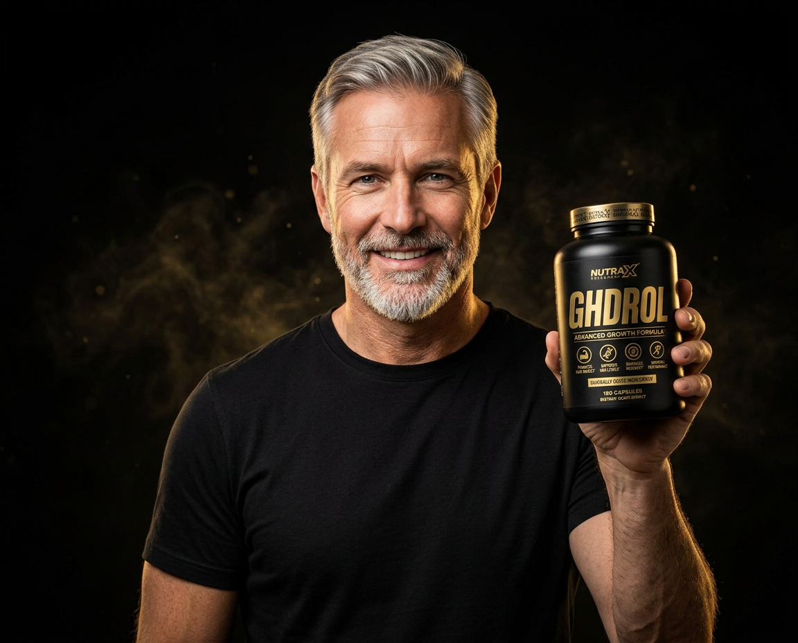 Homem grisalho sorrindo segurando o frasco de GHDROL